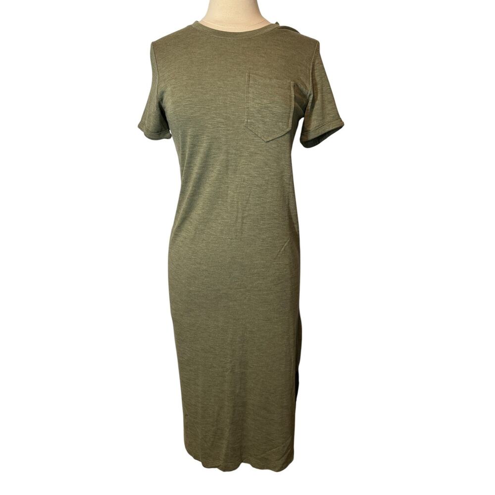 Jessica Simpson Kalamata Olive Green T-Shirt Midi Dress Pocket Side Slits Size S